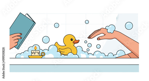 A Person Relaxing in a Bathtub with a Book and a Rubber Duck.