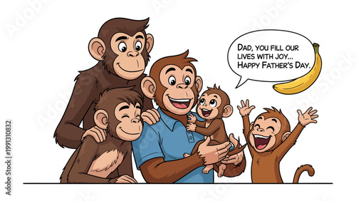 Joyful Family Tribute: A heart warming illustration of a monkey family, father's day, with a father monkey lovingly holding a baby monkey, surrounded by his other children.