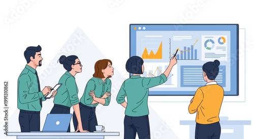 Business team analyzing data on screen.