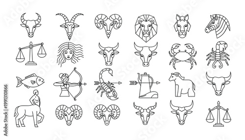 "Set of Zodiac Symbols Featuring Animal Icons and Astrological Signs for Horoscope, Astrology, and Spiritual Designs"