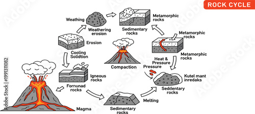 Rock Cycle Diagram Illustration Showing Igneous Sedimentary and Metamorphic Processes with Weathering Erosion Heat Pressure and Magma Formation Educational Science Design