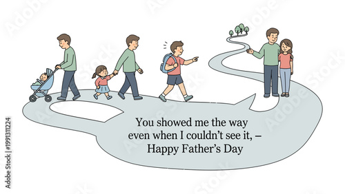 Father's Day journey of love: An illustration depicting a father's journey through his children's lives, from infancy to adulthood. With the father as the constant guide.