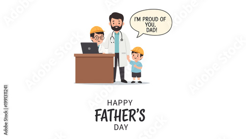 Father's Day Dedication: A heartwarming digital illustration conveying a touching message, where a father, a doctor, is proudly supported by his sons, celebrating fatherhood and family bonds.