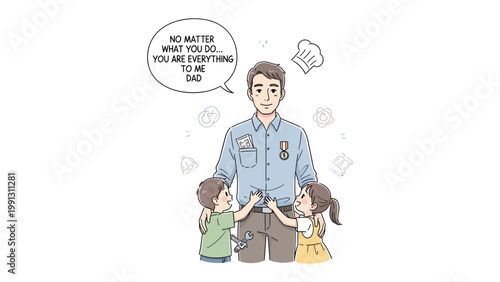 Father's bond:  A heartwarming illustration of a father, receiving a warm embrace from his children. The image portrays the unbreakable bond and adoration between a dad and his kids. 