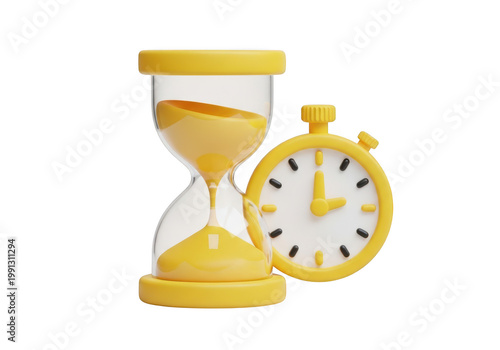 3d icon of hourglass and stopwatch symbolizing time passing and urgency, isolated on transparent background