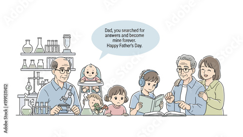 Father's Day: A Heartwarming Family Gathering: A family portrait with a lab and father's day greeting. conveying the warmth of family and a message for fathers.
