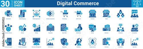 Digital Commerce editable icon set containing business with icon of Ecommerce, Mobile Shopping, Mobile Application, Wireless Connection, Technology, Add To Cart, Purchase, Retail, Seller, Customer, C.