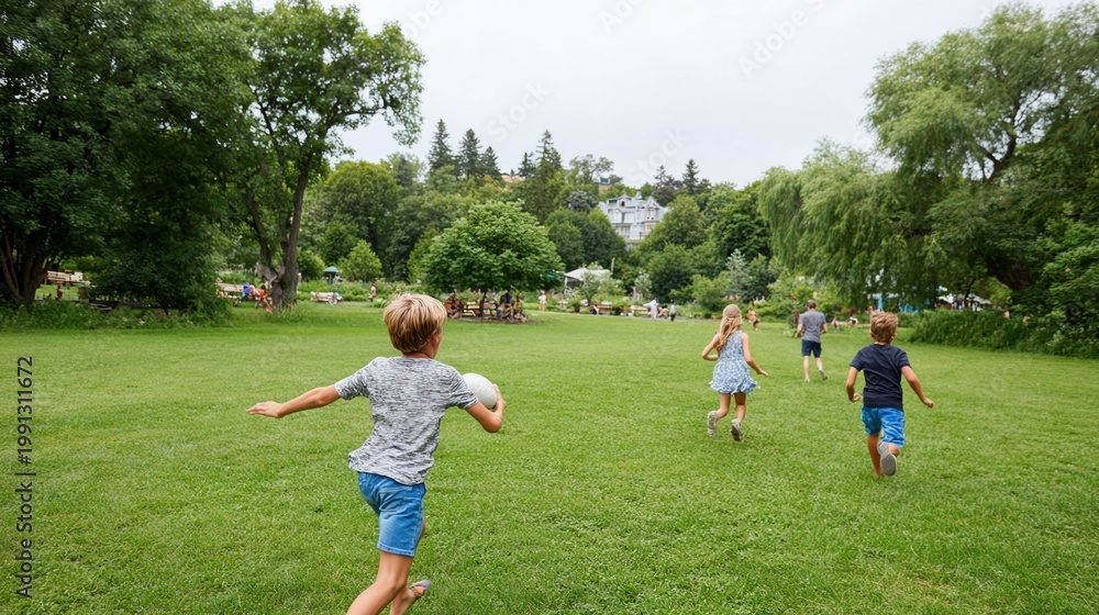 Obraz premium Children playing frisbee on a green park lawn with trees for summer family recreation background and outdoor activity banner