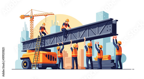 Construction workers installing steel beam.