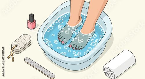 A woman soaking her feet in a foot bath with spa tools.