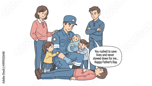 A Father's Day Tribute: A depiction of a rescuer and the family he saved, celebrating a newborn's life and the gift of fatherhood.