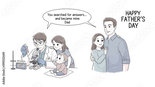 Father's Day Dedication: A tender illustration celebrating Father's Day, illustrating the journey of parenthood, family bond and the miracle of new life. 