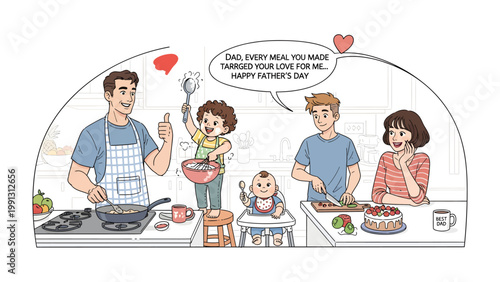 Father's Day Feast: A heartwarming family scene unfolds as a father and children collaborate in the kitchen, preparing a meal with love and joy, all in celebration of Father's Day.