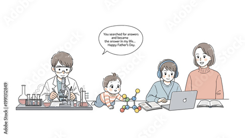 Family Science Exploration: A scientist in his lab and family members explores the world of science and knowledge on Father's day with a baby, son, and mother.