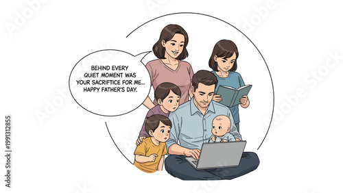 Father's Day Dedication: A heartwarming depiction of a father and family surrounded in a cozy embrace, symbolizing the silent sacrifices of fatherhood.