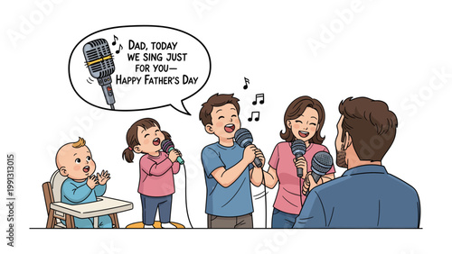 Family's Father's Day Song: A family celebrates Father's Day with a joyful serenade. children and parents create a happy atmosphere, the baby looks at this event.