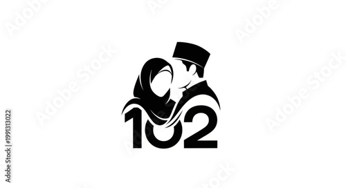 Muslim couple silhouette with the number 102, representing unity and love.