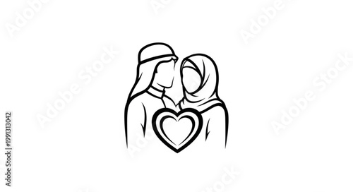 Muslim couple in love with a heart symbol, black and white illustration.