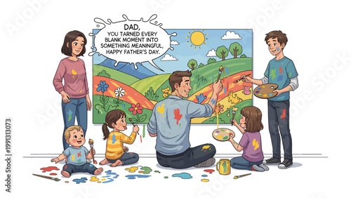 Artistic Family: A heart-warming illustration of a family engaged in a collaborative art project, with each member contributing to a vibrant mural, celebrating the bond of family and creativity. 