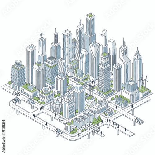 Isometric view of a modern city skyline with skyscrapers, roads, and people.