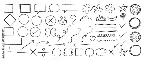 Hand drawn doodle design elements, pencil drawn punctuation marks. Hand drawn doodle sketch style circle, cloud, speech bubble, flower grunge element set. Arrow, star, heart brush decoration. 
