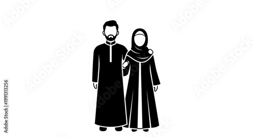 Muslim couple in traditional attire, standing together, black and white illustration.