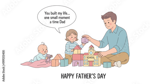 Father's Day joy: A heartwarming depiction of a father and his children building blocks together, creating a joyful moment of family bonding and love.