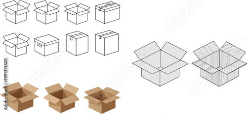 Cardboard packaging box template set with dieline layouts open closed styles vector illustration collection for design