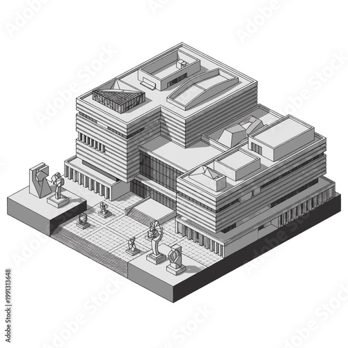 Isometric illustration of a modern museum building with sculptures in the plaza.