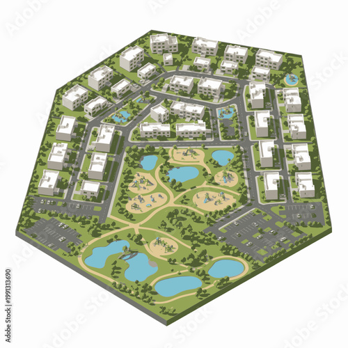 Aerial view of a modern residential complex with parks and playgrounds, showcasing urban planning and community living.