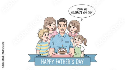 Father's Day Celebration: A heartwarming scene unfolds as a father is surrounded by his children, a delightful illustration depicting the joy and love of family.