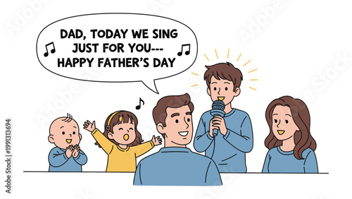 A Father's Day Serenade: A tender scene of a father being serenaded by his children on Father's Day, illustrating the warmth and joy of familial love and appreciation. 