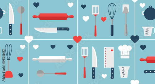 Seamless pattern featuring assorted kitchen cooking utensils and heart shapes.