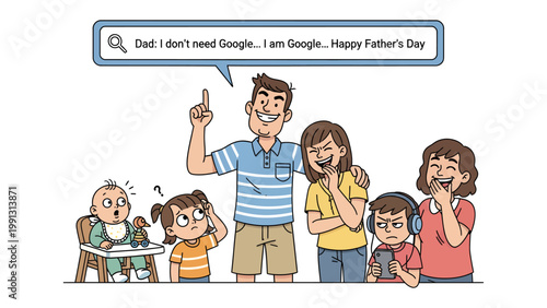 Father's Day Sentiment: A loving father with his family, the father proudly claims his place, surrounded by his children who have a range of expressions reflecting the humor of the moment