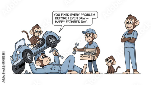 Monkey Mechanic's Father's Day: An endearing illustration depicts a family of monkey mechanics celebrating Father's Day.