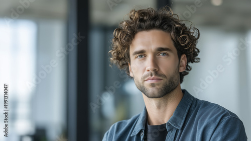 Handsome man with curly hair looks directly at camera with confident expression