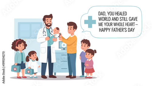 A Father's Day Tribute to a Medical Pioneer: Depicting a touching scene of a father, a dedicated physician who has embraced his family's love, holding his newborn child.