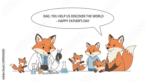 Father's Day Fox Family Adventure: A heartwarming illustration of a fox family celebrating Father's Day, with a clever dad, exploring together the joy of discovery and familial bonds.