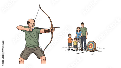 Archery with Family: A man aims an arrow with a bow, while his family watches attentively near the target, capturing the essence of family bonding and a leisurely outdoor pursuit.
