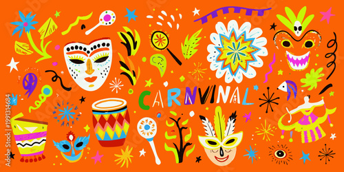 A colorful carnival illustration featuring masks instruments and festive designs