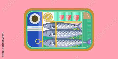 Colorful illustration of a sardine can filled with fish and hearts