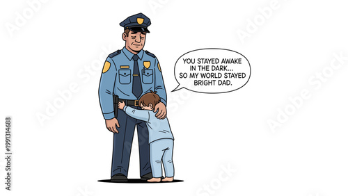 Guardian's Embrace: A uniformed law enforcement officer tenderly comforts a child, conveying a message of security and dedication to community safety.