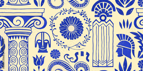 Blue and white classical motifs create a seamless repeating pattern