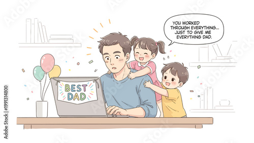 Father's Day Dedication: A dedicated father works from home, juggling the demands of his career while being showered with love and appreciation from his two children on Father's Day.