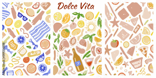 A colorful pattern featuring summer items like fruit drinks and accessories