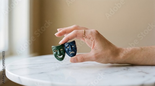 Person holding small theatrical drama comedy and tragedy masks on marble table with theatrical performance miniature