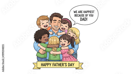 Happy Father's Day with Kids: A heartwarming illustration of a father surrounded by his joyful children, celebrating Father's Day with love and appreciation.