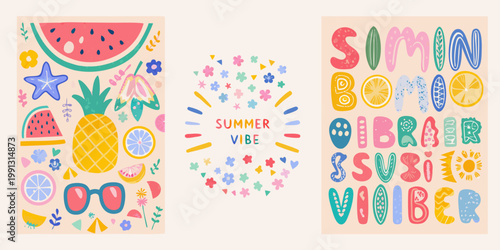 Colorful summer illustrations featuring fruits flowers and playful typography