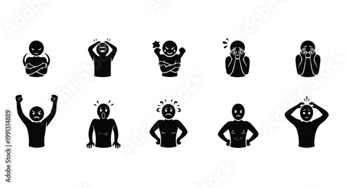 A set of black silhouette icons depicting various human expressions and body language on a white background
