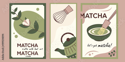 Stylized matcha latte illustrations with botanical elements and beverage tools